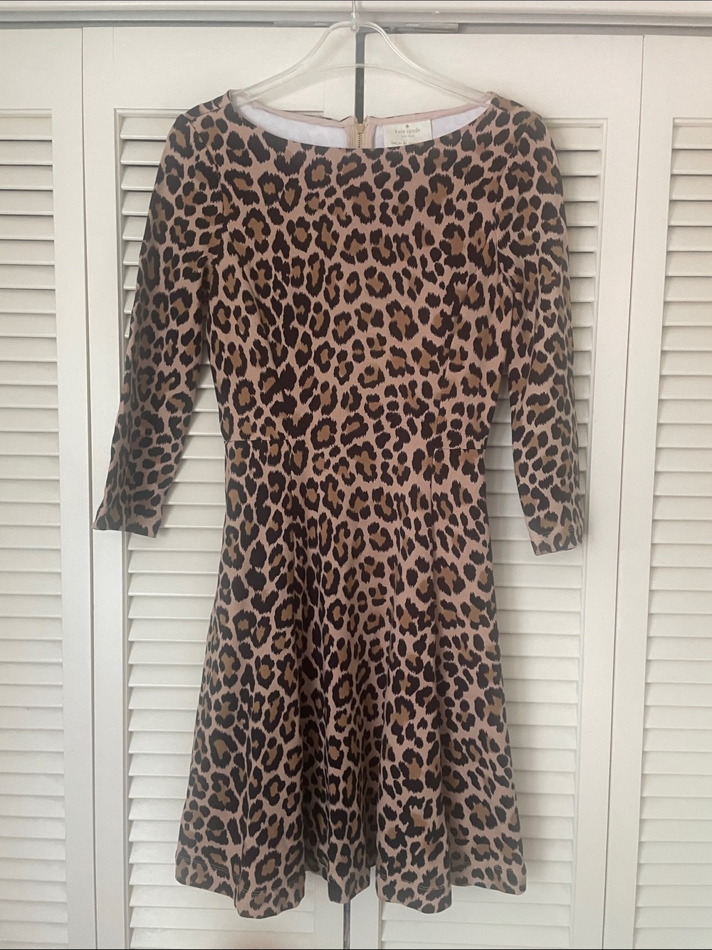 kate spade Leopard Print Fit-and-Flare Dress - Tan / Black Sz 0 boatneck pockets